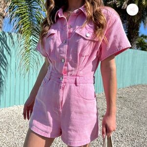 Shop sunhoney boutique she’s the moment pink denim romper SMALL NWT